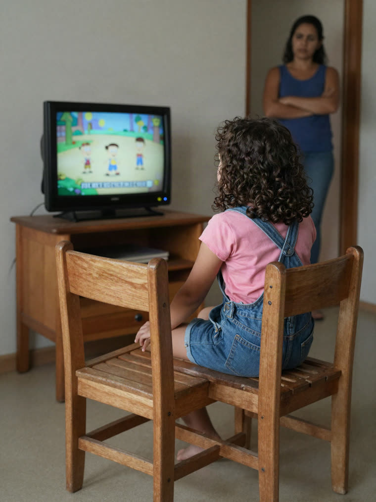 Criança assistindo à televisão enquanto a mãe observa da porta