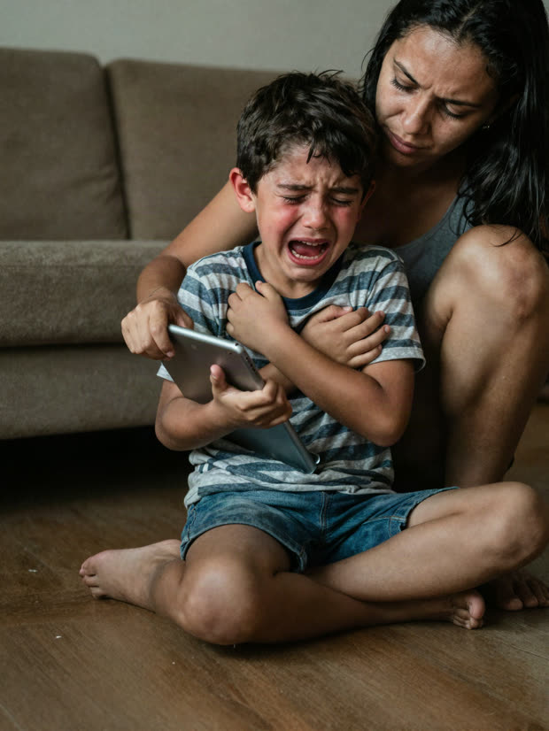 Mãe acolhendo o filho durante uma crise na hora de desligar o celular